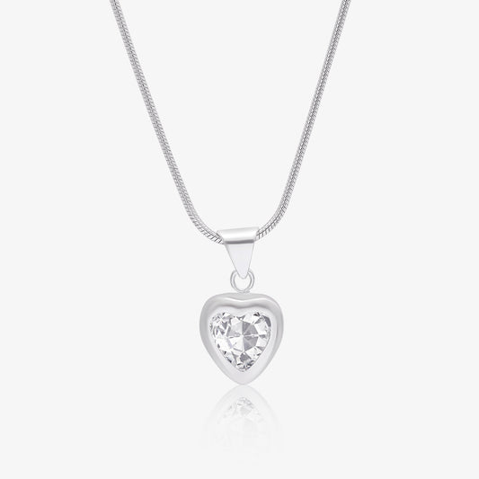 Heart CZ Bezel Pendant Necklace For Women – 925 Sterling Silver Rhodium Plated