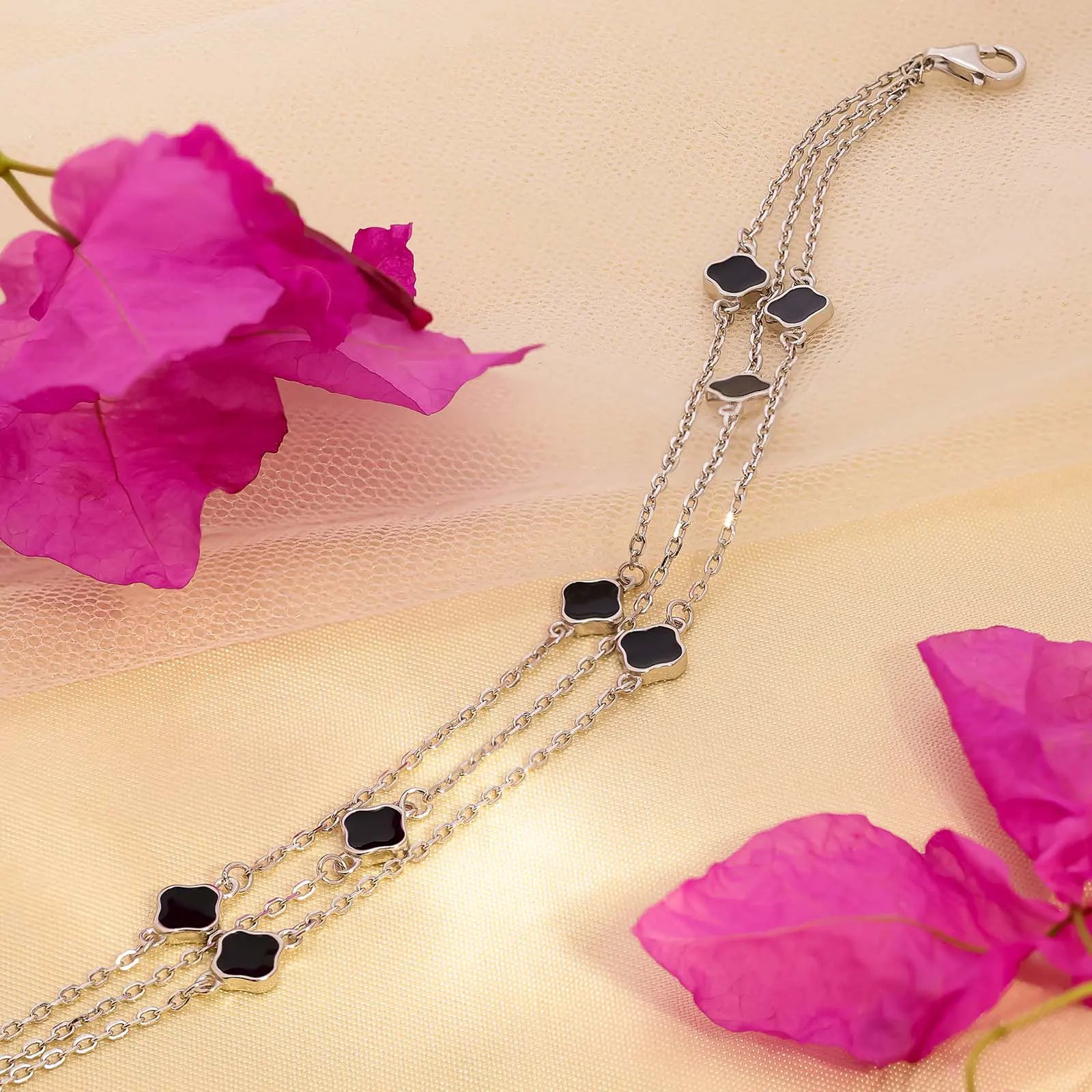 Black Clover Layered Silver Chain Bracelet - Tweov Jewels