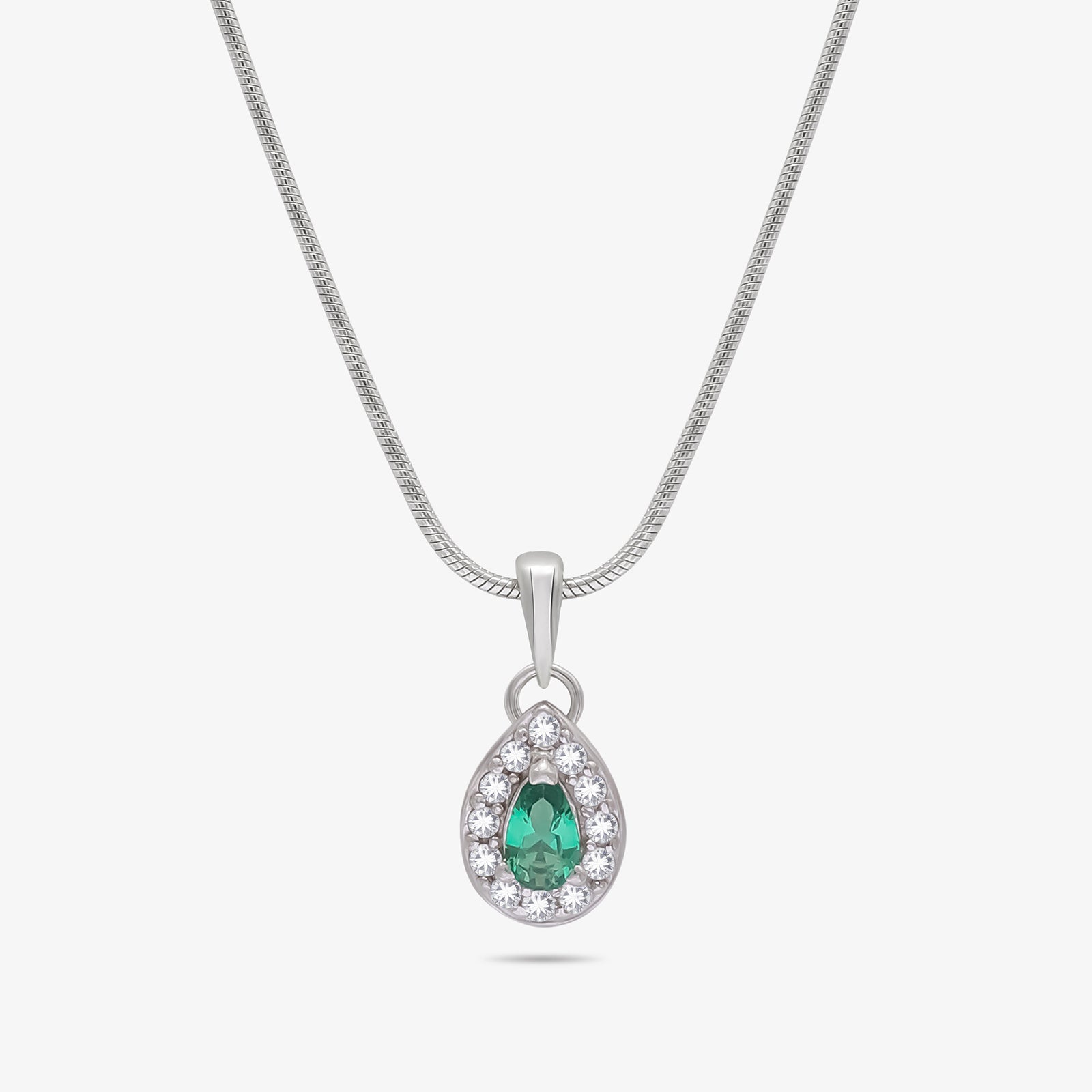 Emerald Pear Cut CZ Pendant Chain For Women – 925 Sterling Silver Rhodium Plated