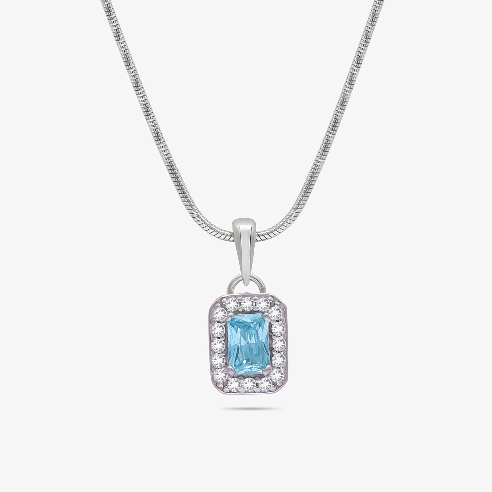 Aqua Blue Emerald Cut Pendant Chain For Women – 925 Sterling Silver Rhodium Plated