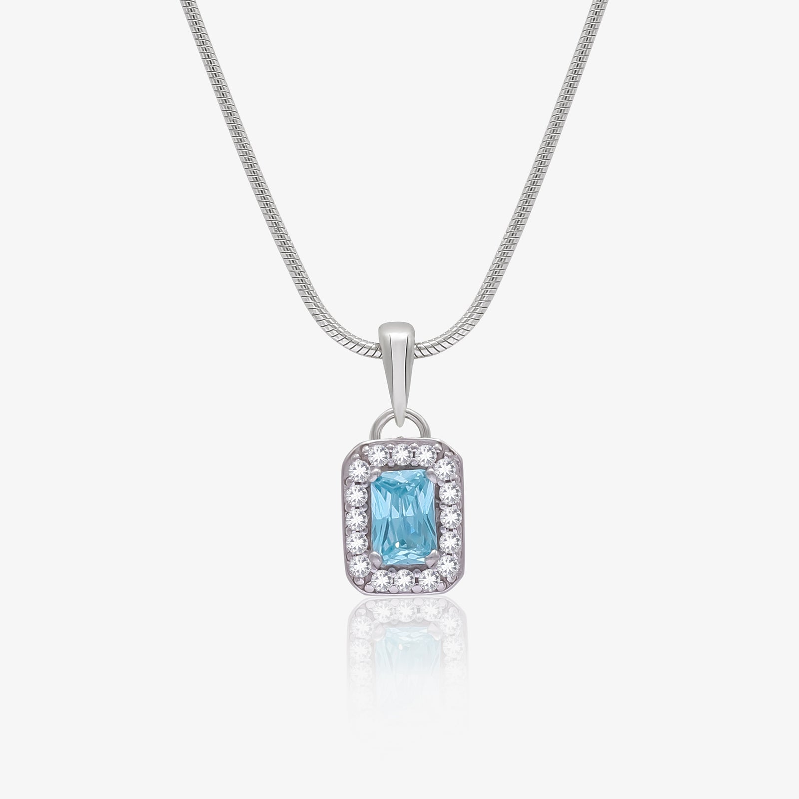 Aqua Blue Emerald Cut Pendant Chain For Women – 925 Sterling Silver Rhodium Plated