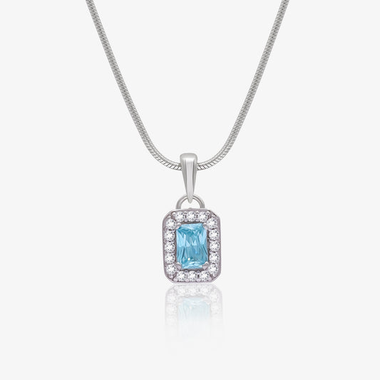 Aqua Blue Emerald Cut Pendant Chain For Women – 925 Sterling Silver Rhodium Plated