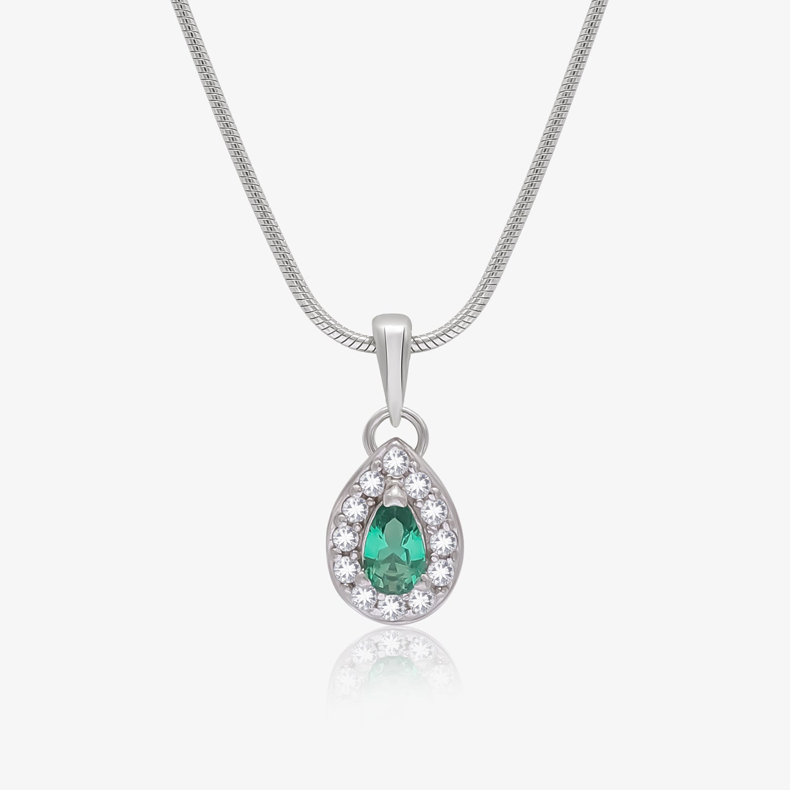 Emerald Pear Cut CZ Pendant Chain For Women – 925 Sterling Silver Rhodium Plated