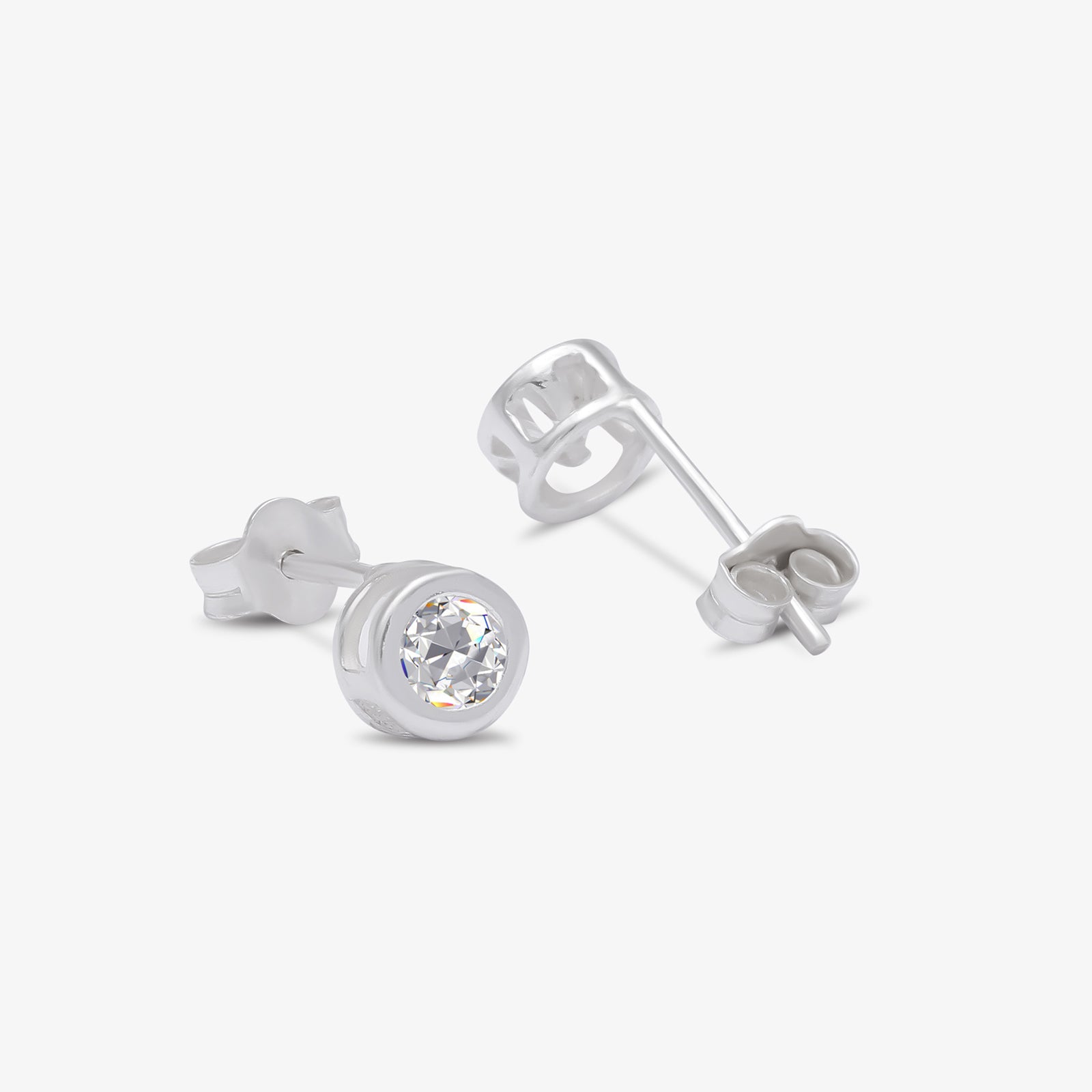 Round CZ Bezel Earrings For Women – 925 Sterling Silver Rhodium Plated