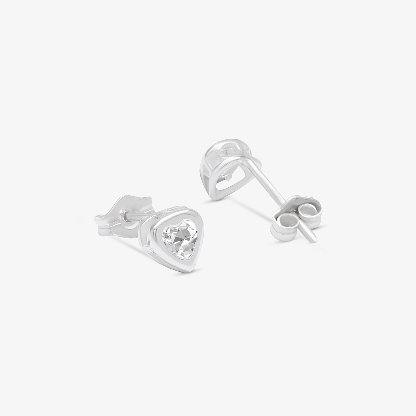White Heart CZ Bezel Stud Earrings For Women – 925 Sterling Silver Rhodium Plated
