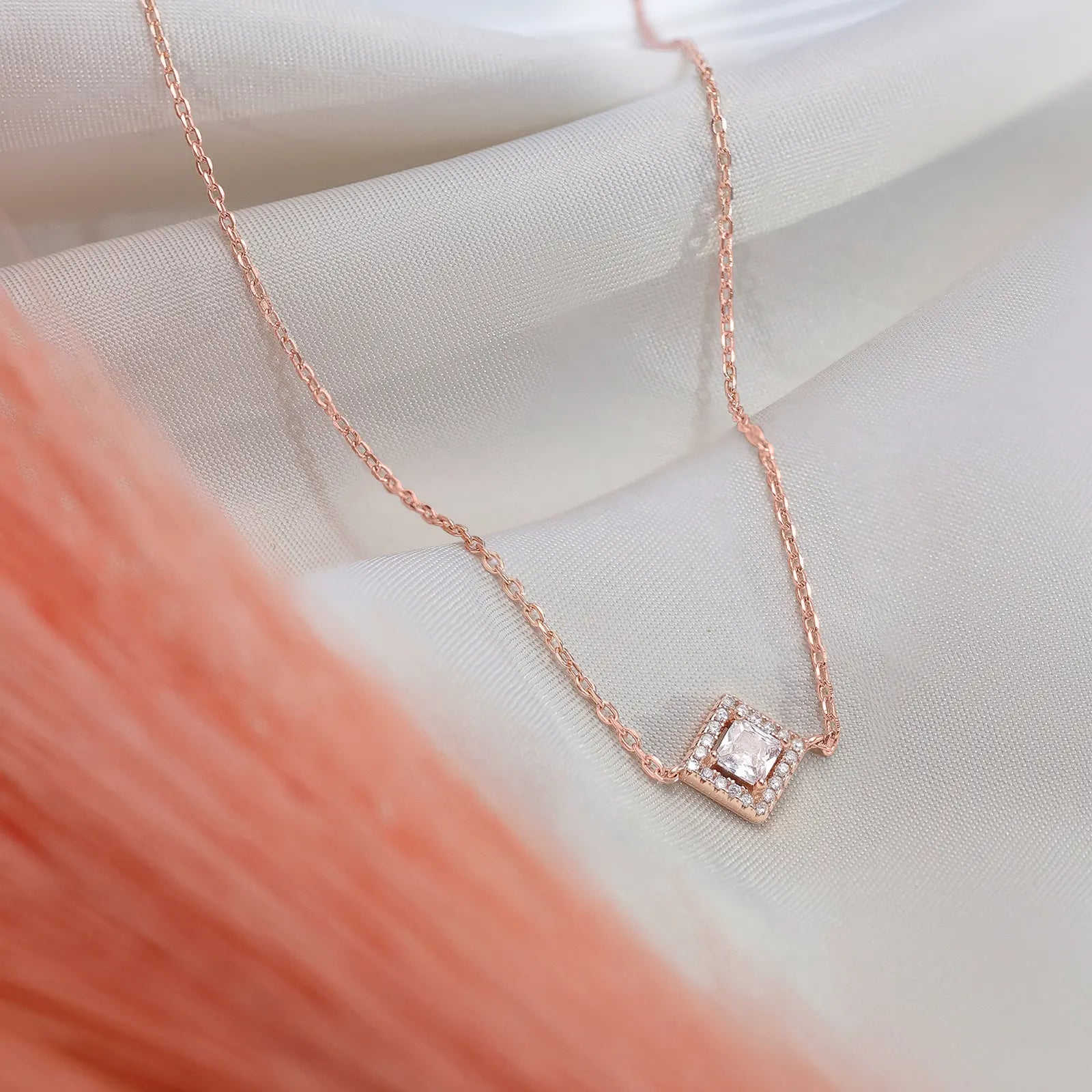 Rose Gold Plated CZ Studded Square Pendant with Chain - Tweov Jewels