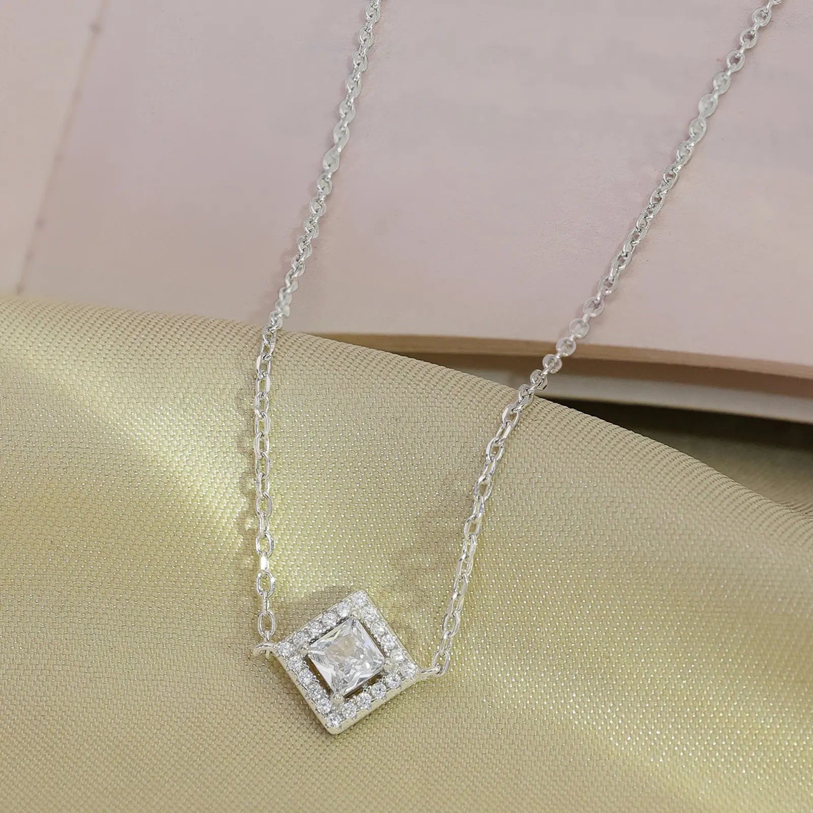 CZ Studded Silver Square Pendant with Chain