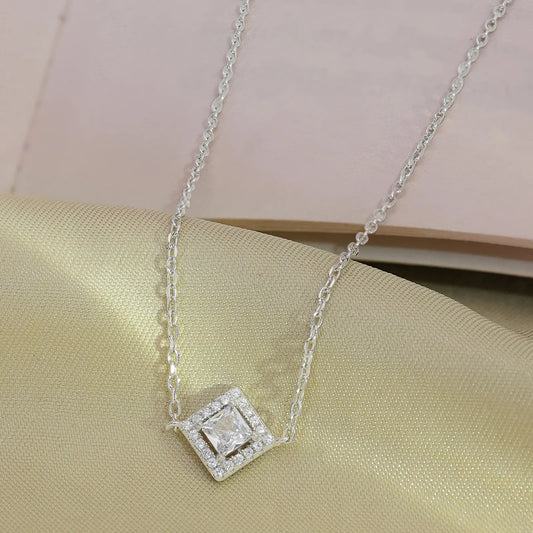 CZ Studded Silver Square Pendant with Chain - Tweov Jewels