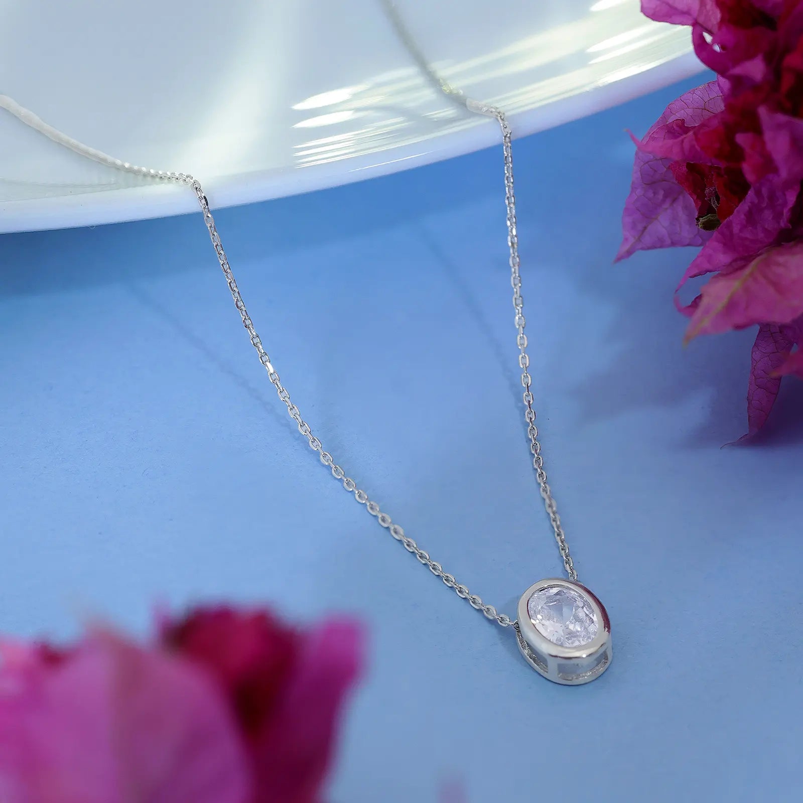 CZ Studded Silver Oval Pendant with Chain - Tweov Jewels