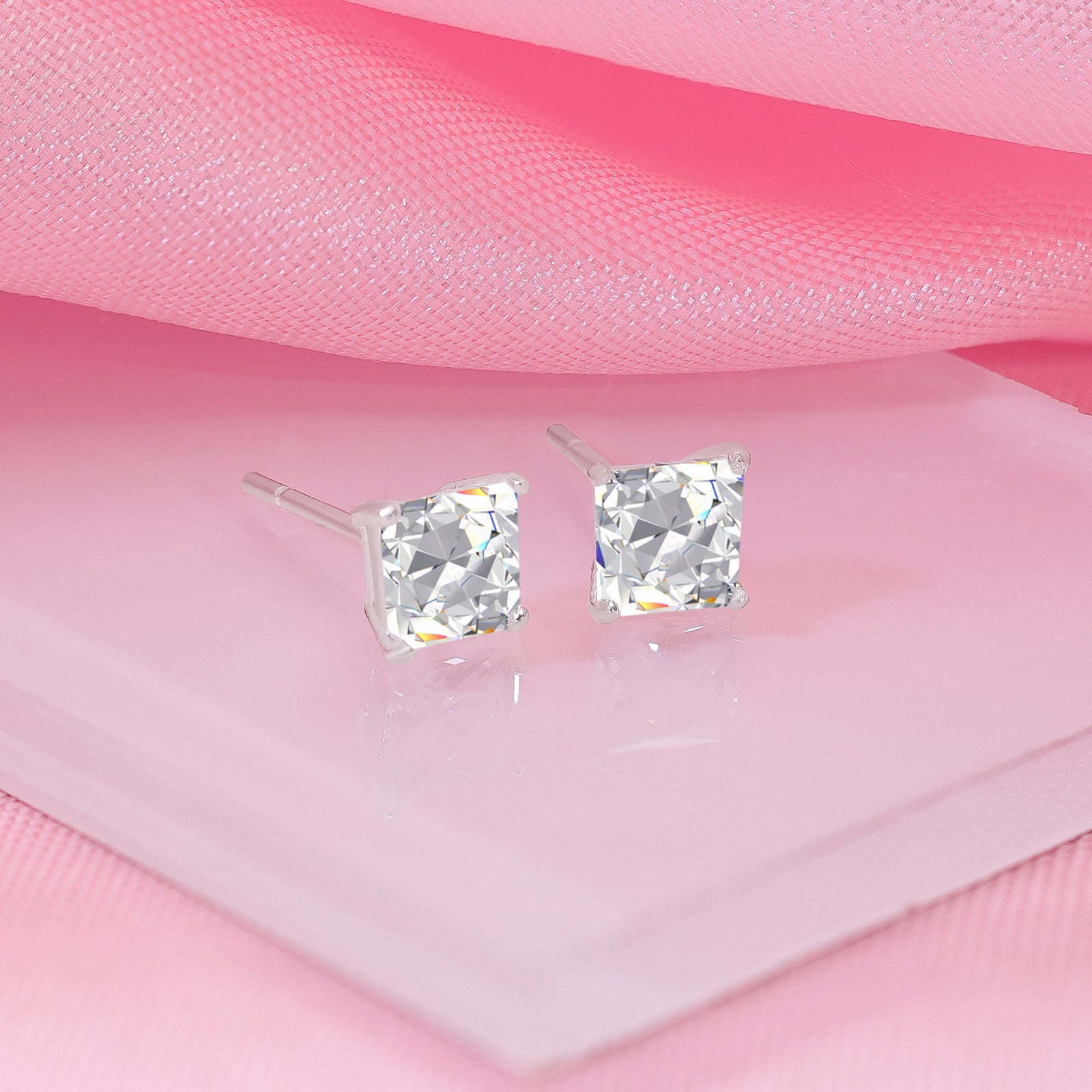 White Princess Cut CZ Stud Earrings For Women – 925 Sterling Silver Rhodium Plated