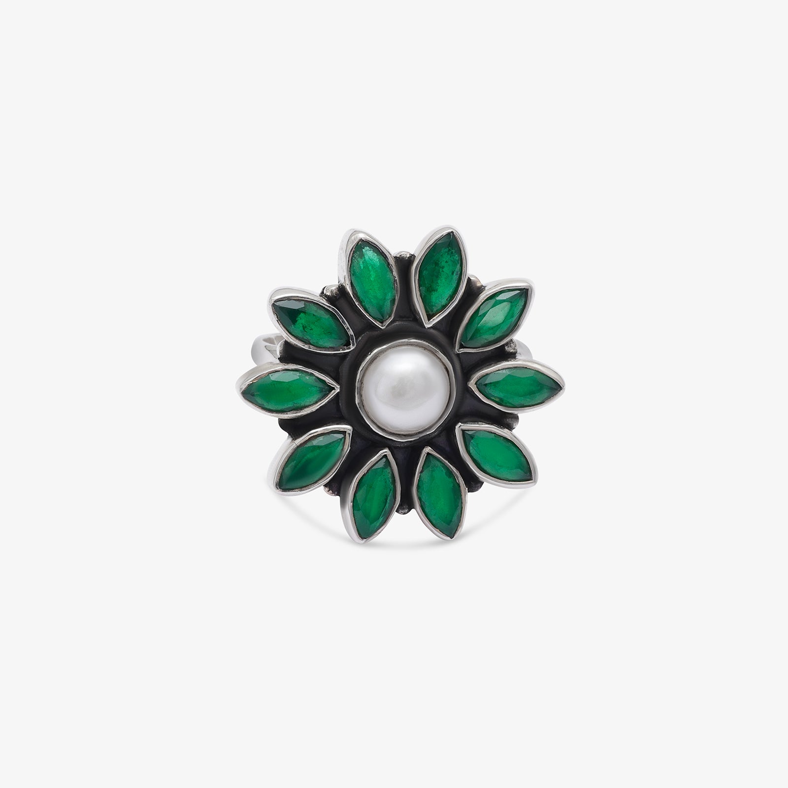 Oxidized Silver Green Stone Studded Floral Pearl Ring