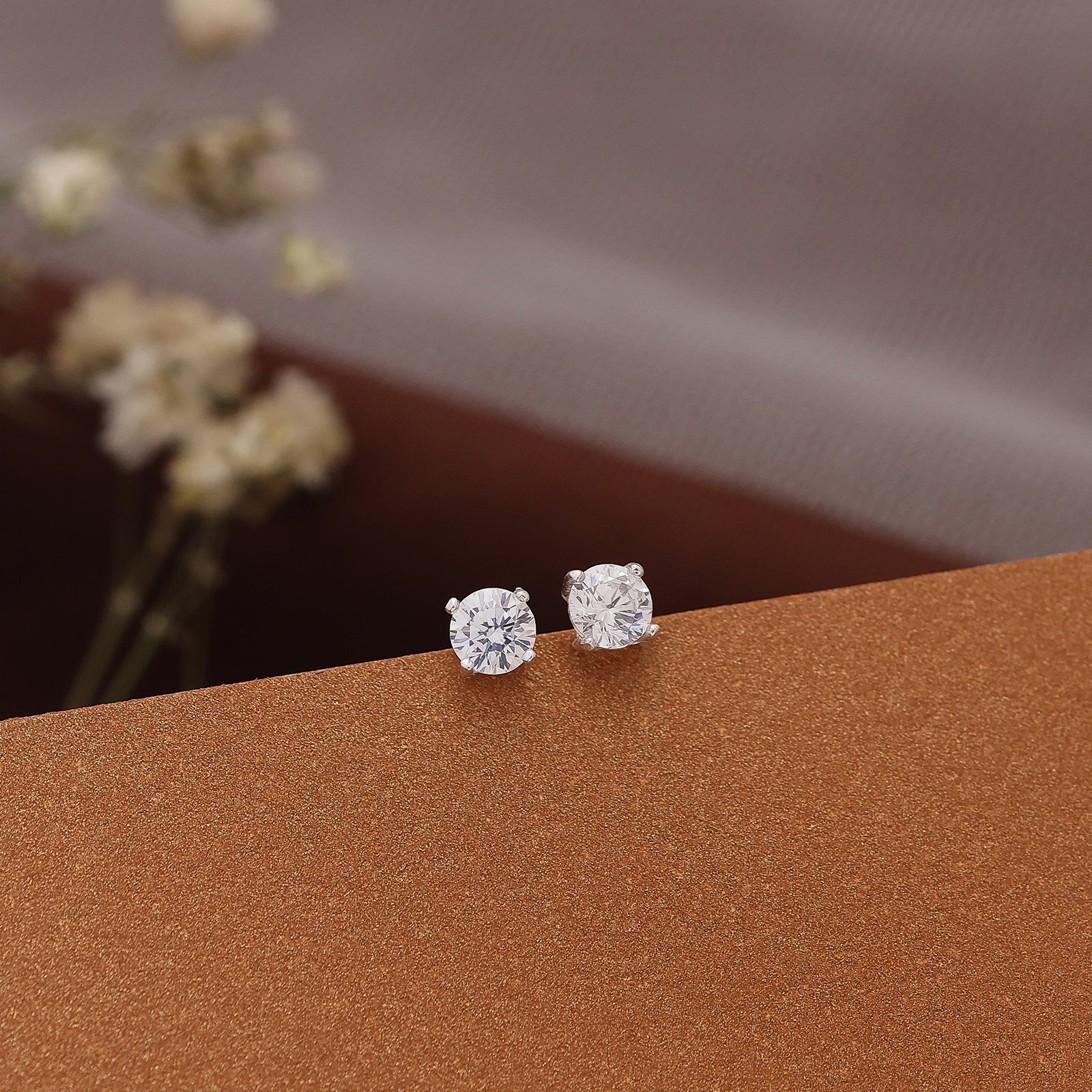 Round CZ Stud Earrings For Women – 925 Sterling Silver Rhodium Plated