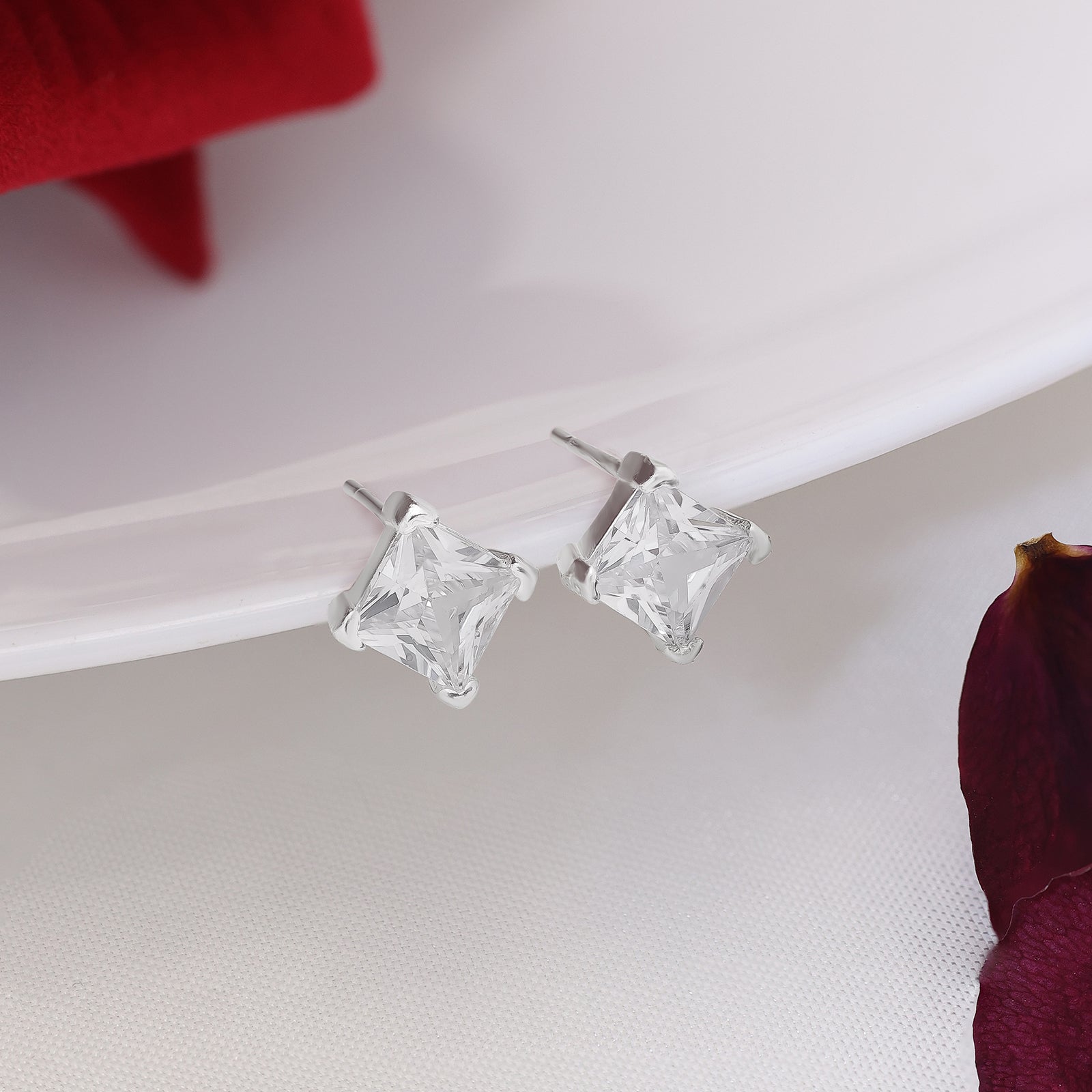 Square Solitaire Stud Earrings for Women – 925 Sterling Silver Rhodium Plated