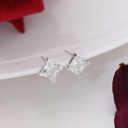 Square Solitaire Stud Earrings for Women – 925 Sterling Silver Rhodium Plated