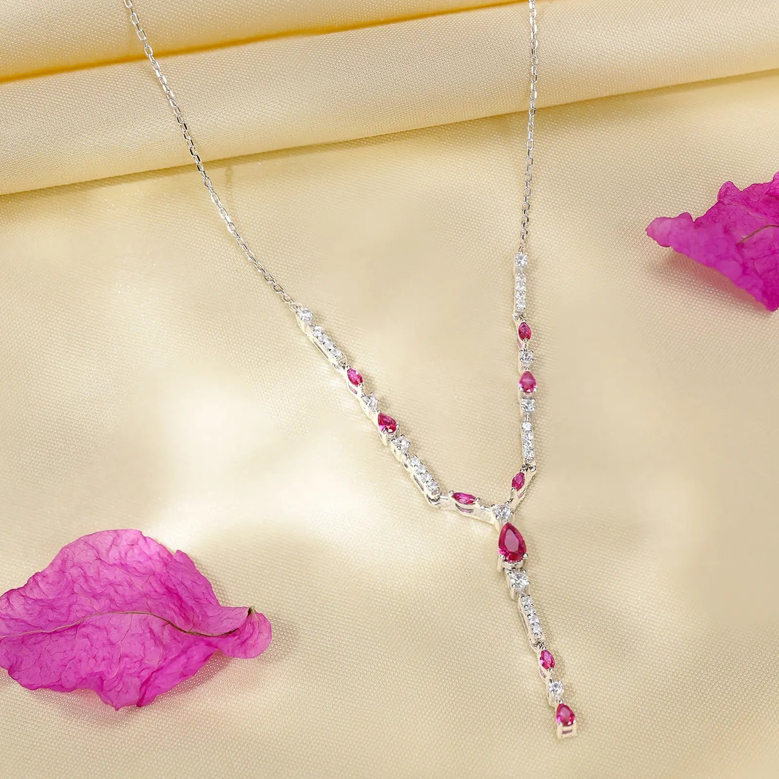 Designer Silver Pink Drop Necklace - Tweov Jewels
