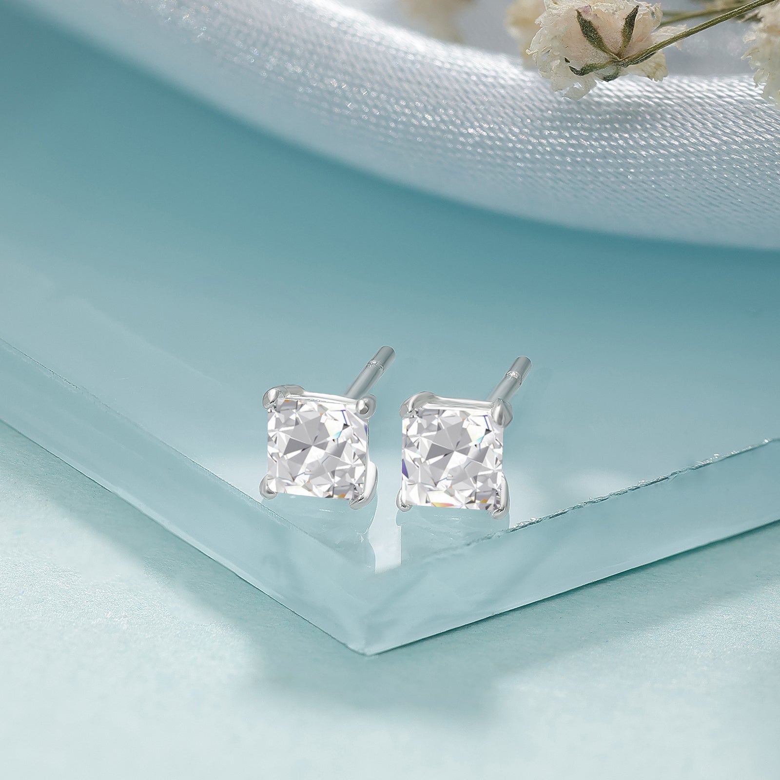 Princess Cut Stud Earrings for Women – 925 Sterling Silver Rhodium Plated