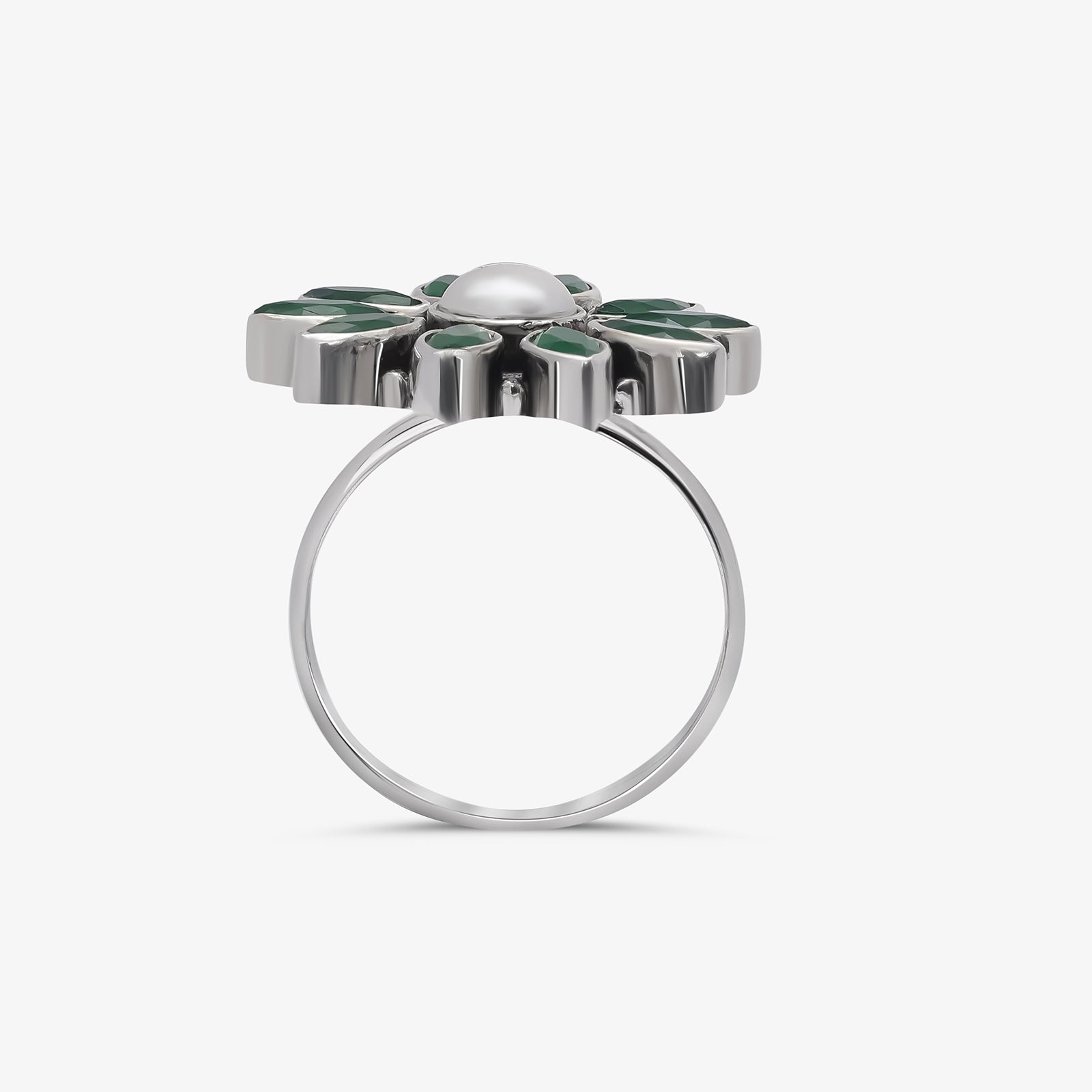 Oxidized Silver Green Stone Studded Floral Pearl Ring