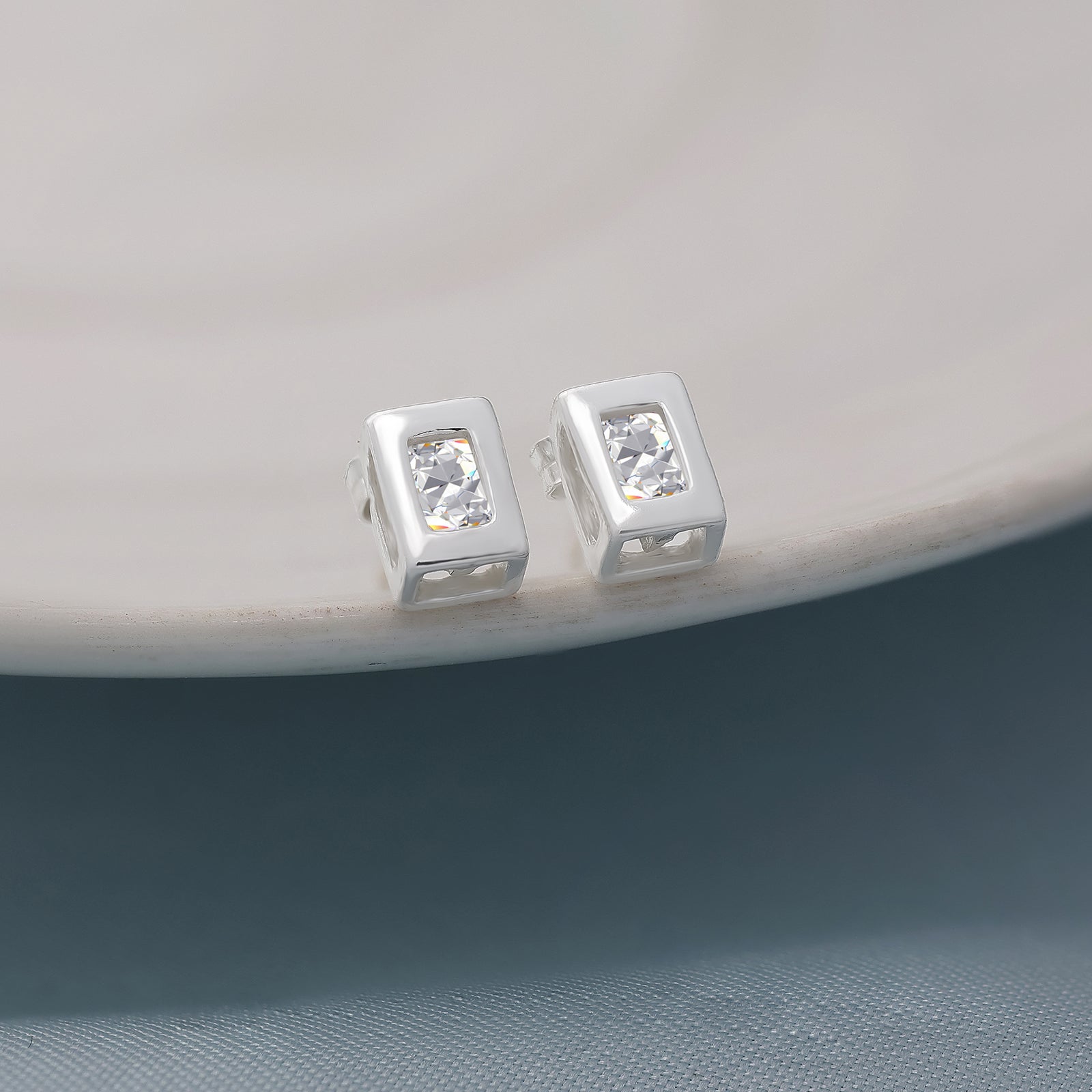 CZ Frame Stud Earrings for Women – 925 Sterling Silver Rhodium Plated