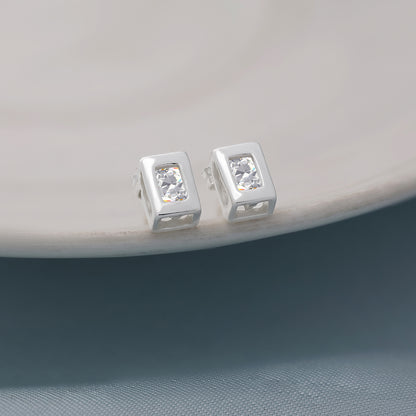 CZ Frame Stud Earrings for Women – 925 Sterling Silver Rhodium Plated