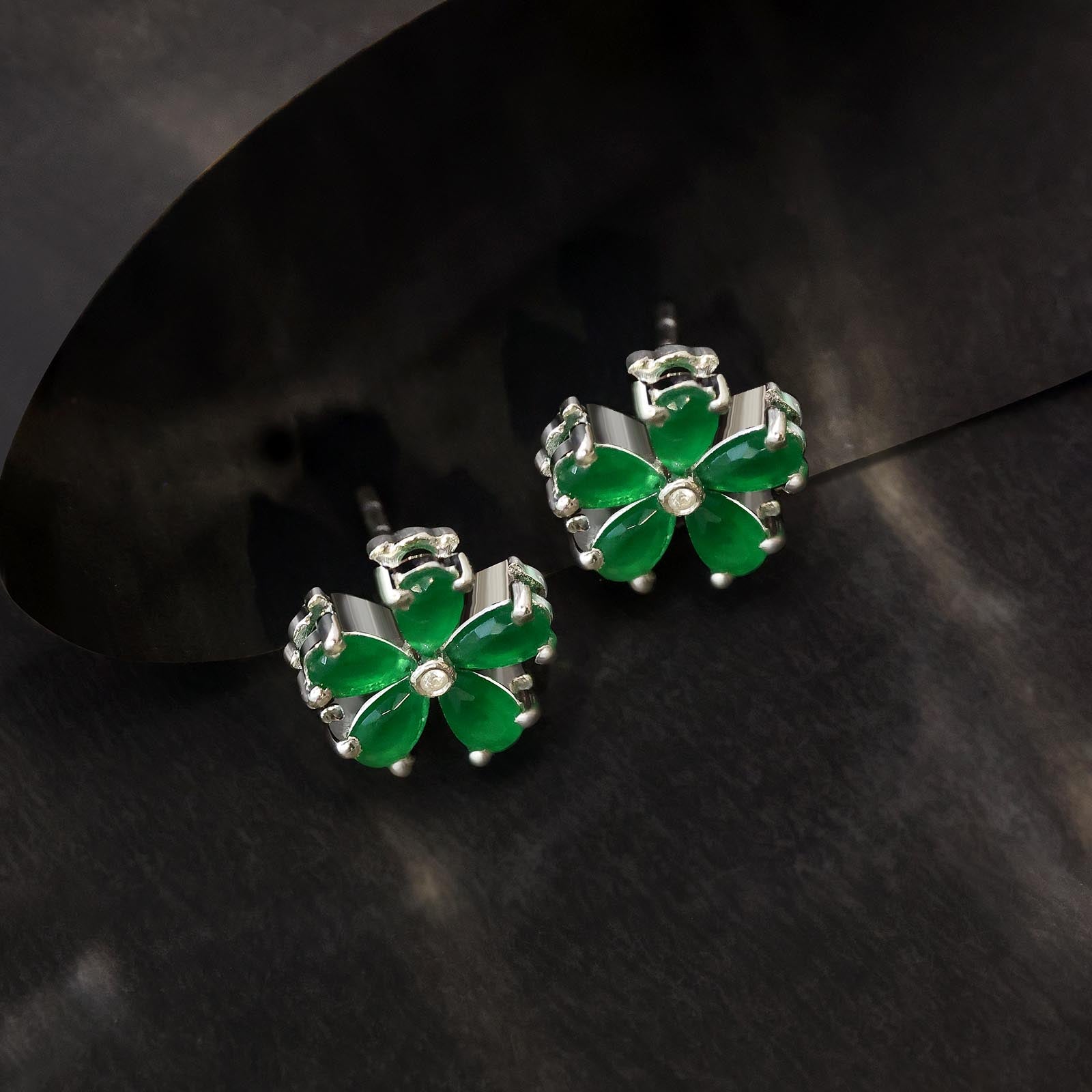 Floral Green Silver Stud Earrings - Tweov Jewels