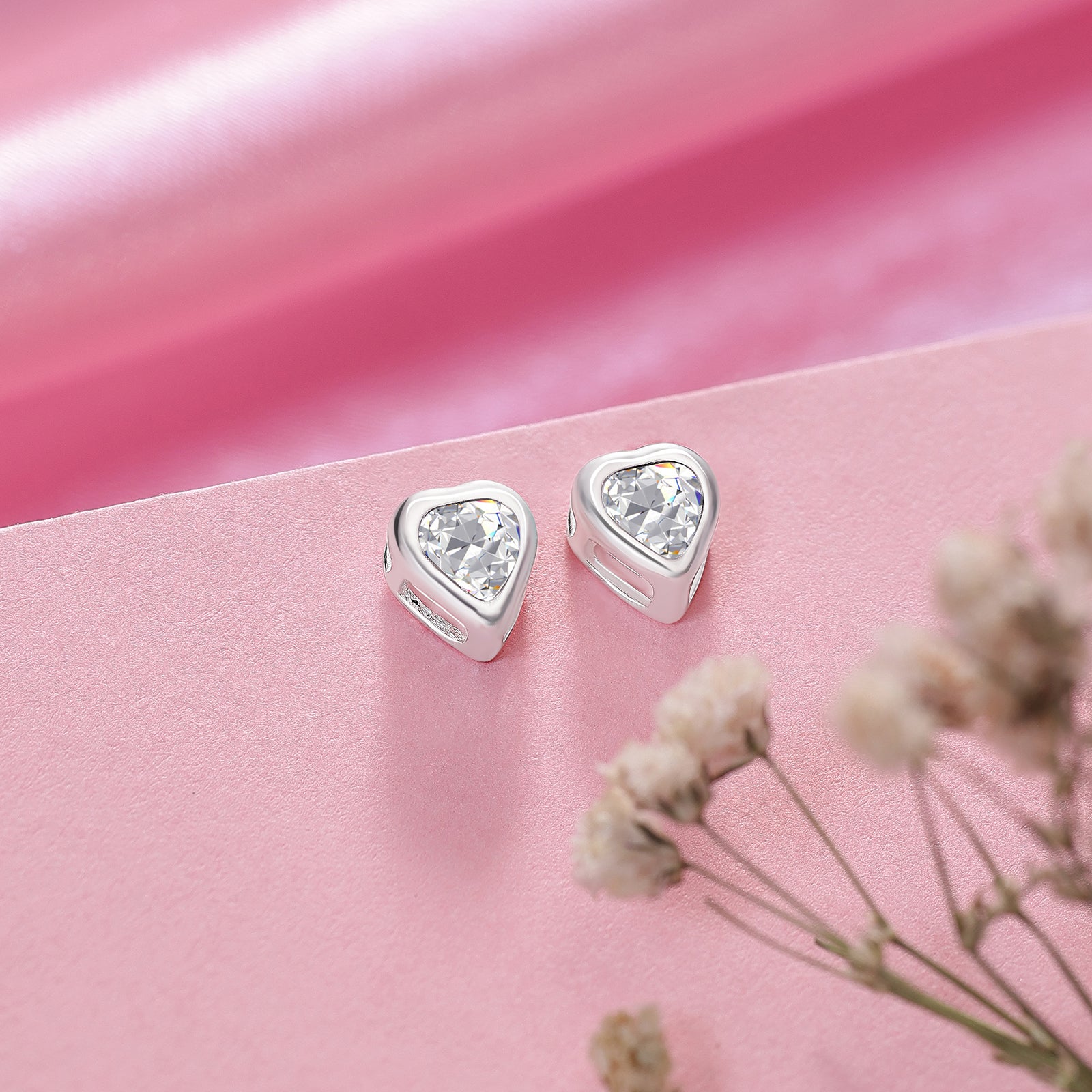White Heart CZ Bezel Stud Earrings For Women – 925 Sterling Silver Rhodium Plated