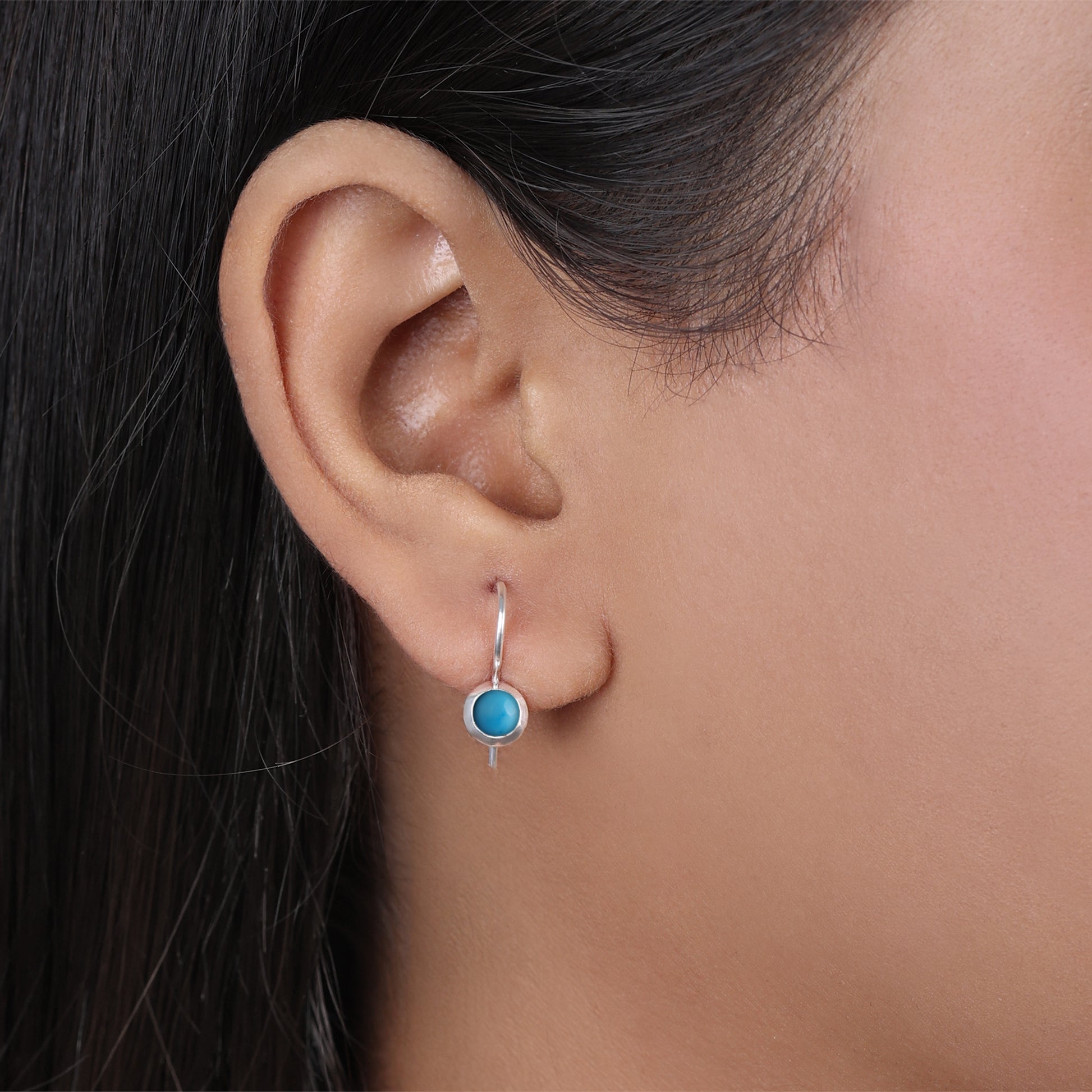 Pure Silver Earrings - Tiny Firoza Gemstone Dangle - Tweov Jewels