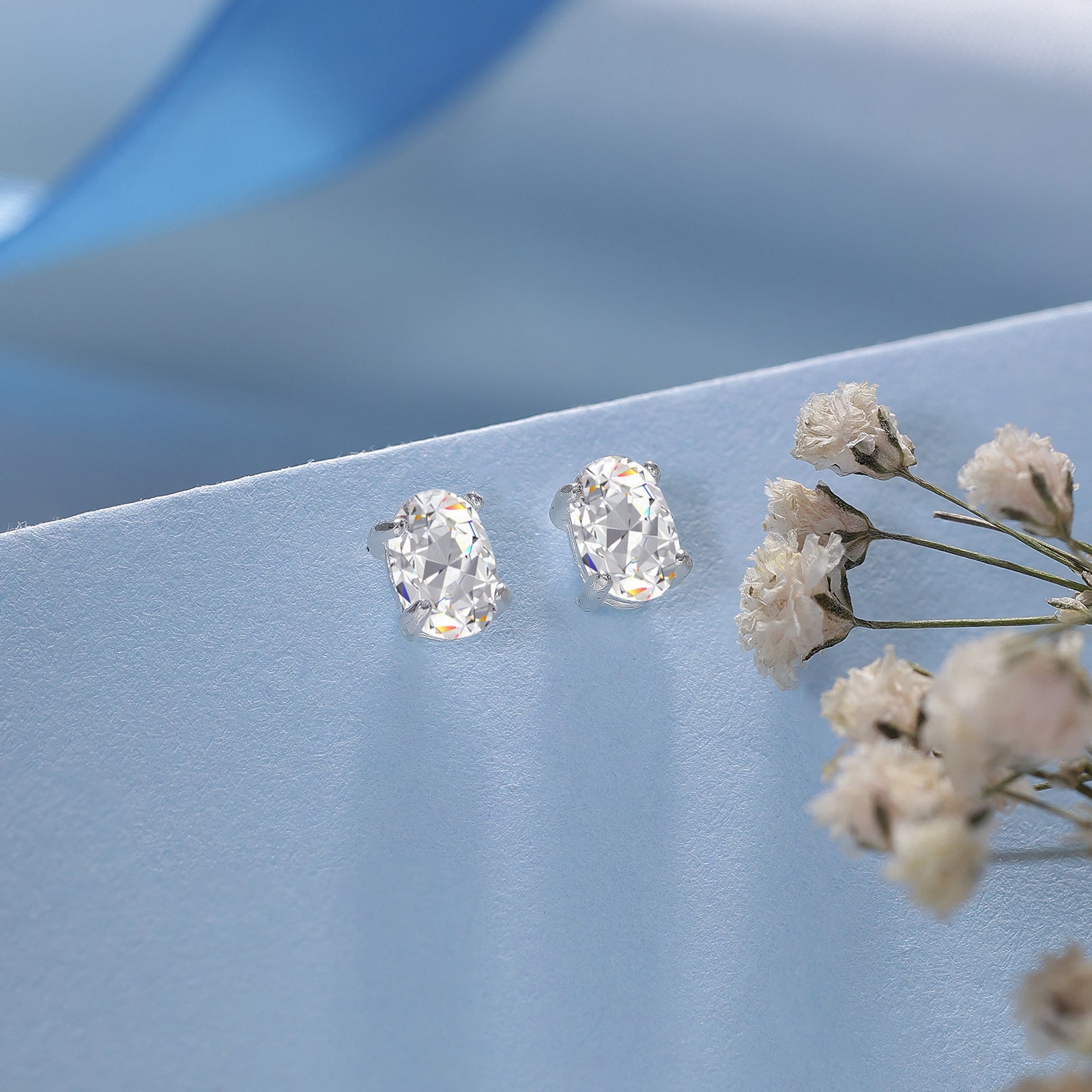 Oval Prism Stud Earrings for Women – 925 Sterling Silver Rhodium Plated