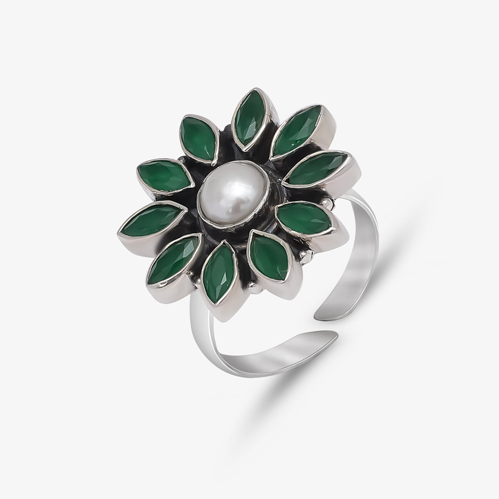 Oxidized Silver Green Stone Studded Floral Pearl Ring