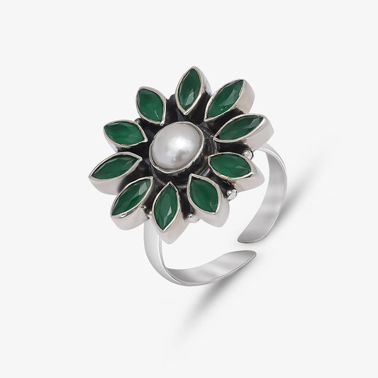 Oxidized Silver Green Stone Studded Floral Pearl Ring