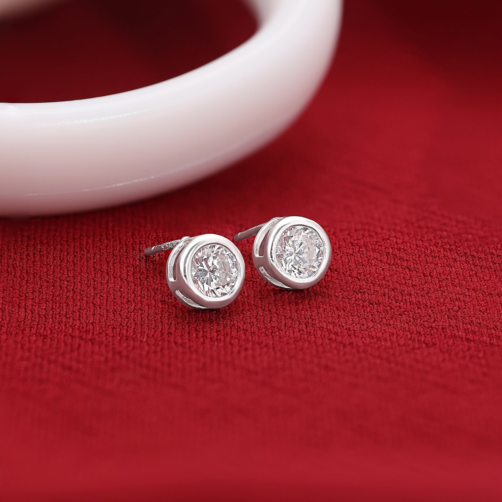 CZ Bezel Stud Earrings For Women – 925 Sterling Silver Rhodium Plated