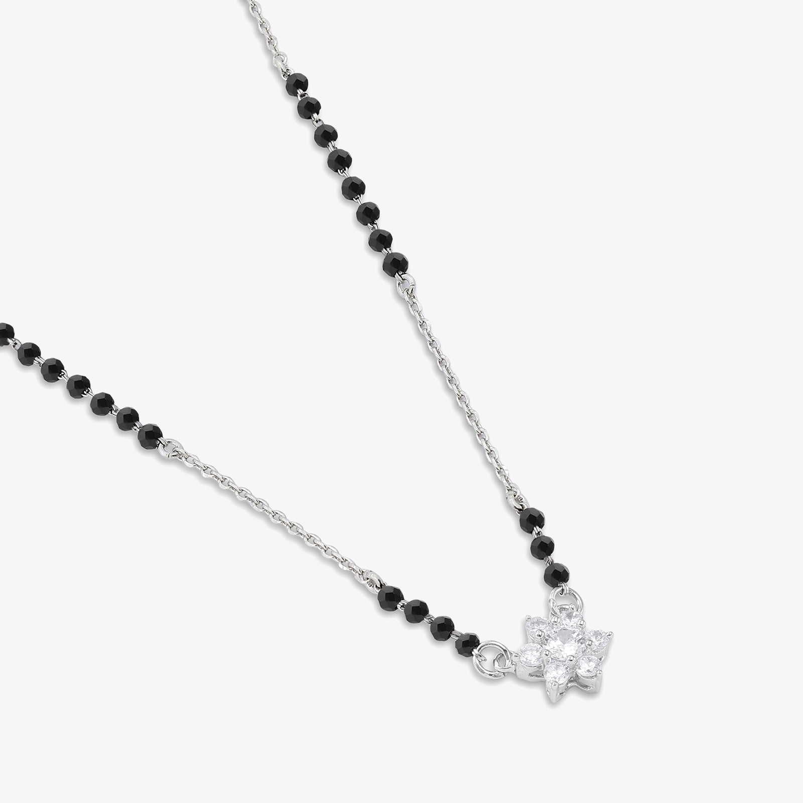 Black Crystal Beaded Floral Design Silver Mangalsutra - Tweov Jewels