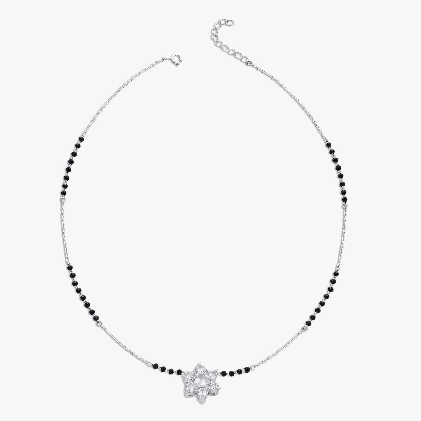 Black Crystal Beaded Floral Design Silver Mangalsutra - Tweov Jewels