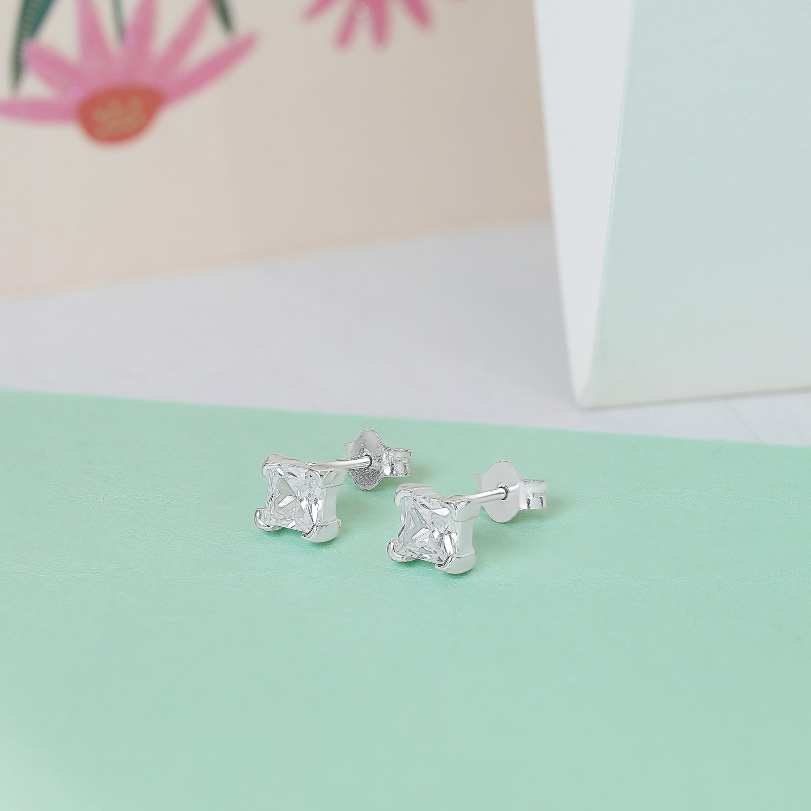 Cushion Cut Stud Earrings for Women – 925 Sterling Silver Rhodium Plated