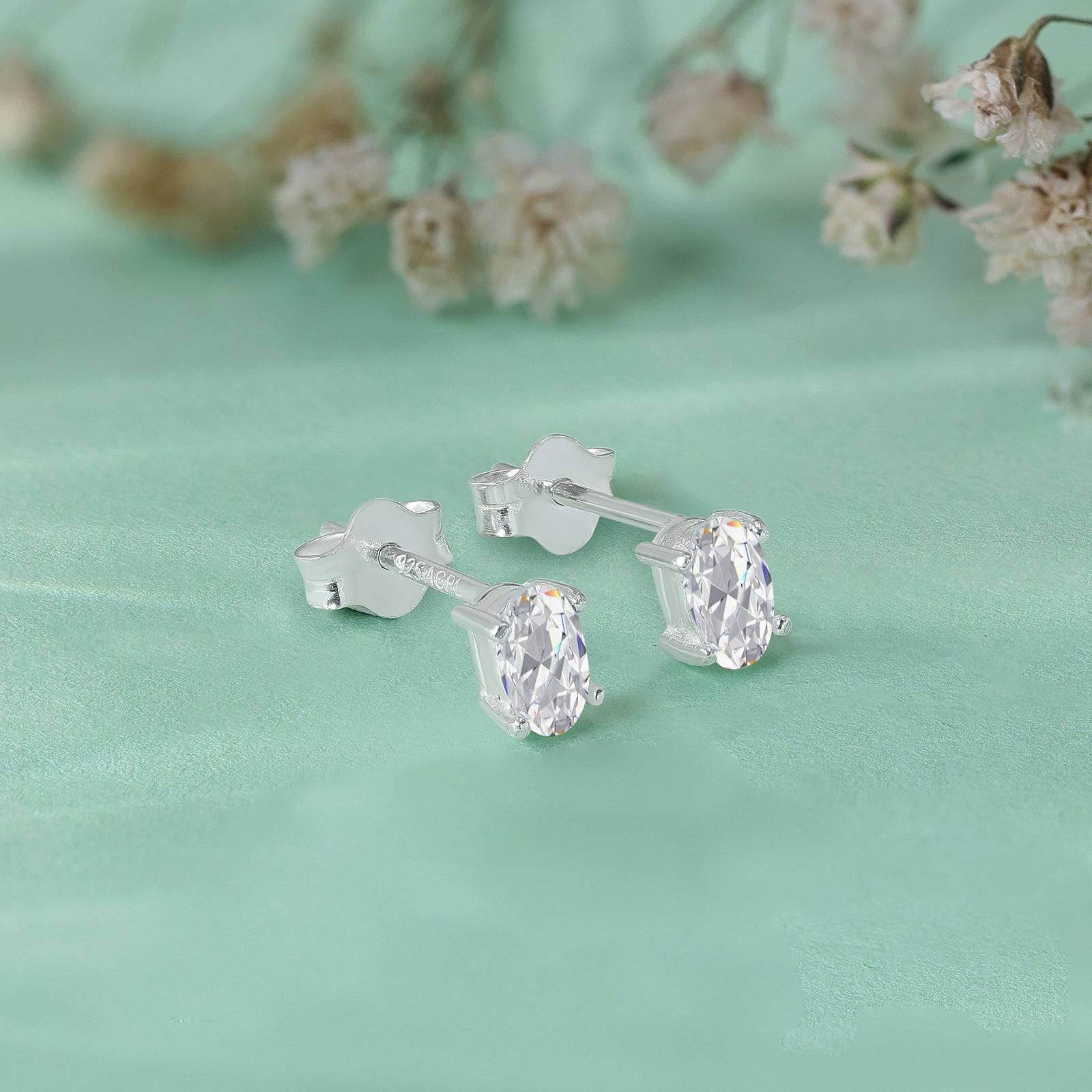 White Oval CZ Stud Earrings For Women – 925 Sterling Silver Rhodium Plated