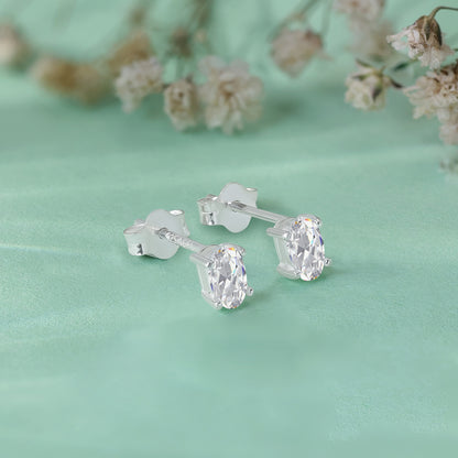 White Oval CZ Stud Earrings For Women – 925 Sterling Silver Rhodium Plated