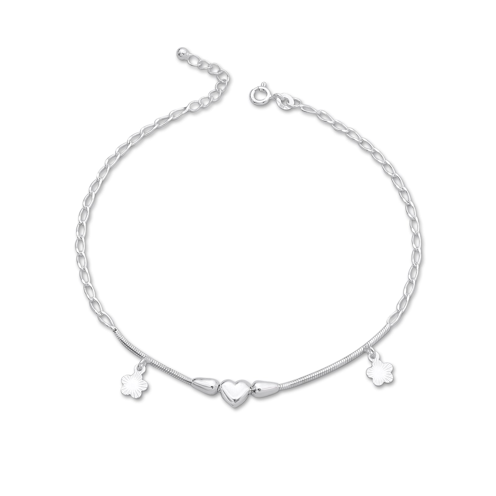 Shiny Silver Floral Heart Anklet