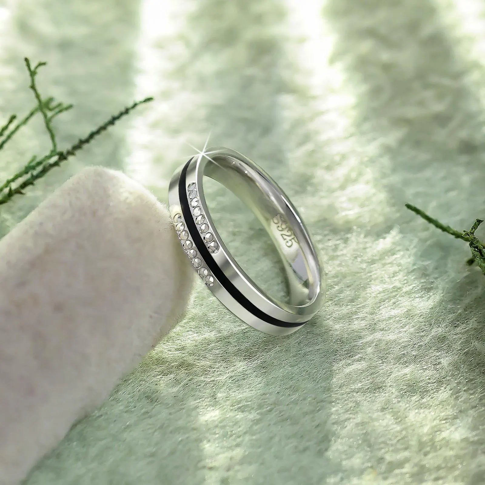 Simple Black Stripe Silver Ring