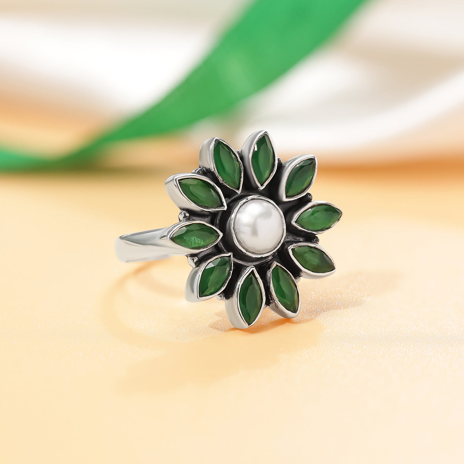 Oxidized Silver Green Stone Studded Floral Pearl Ring