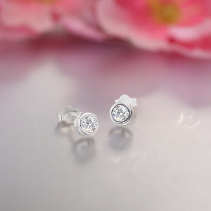 Round CZ Bezel Earrings For Women – 925 Sterling Silver Rhodium Plated