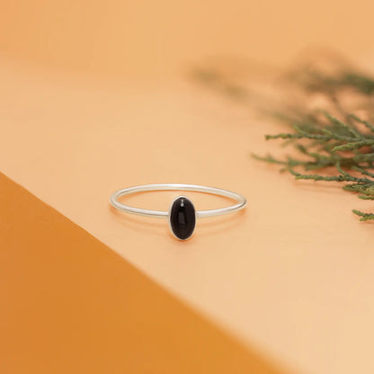 Silver Simple Oval Black Stone Ring