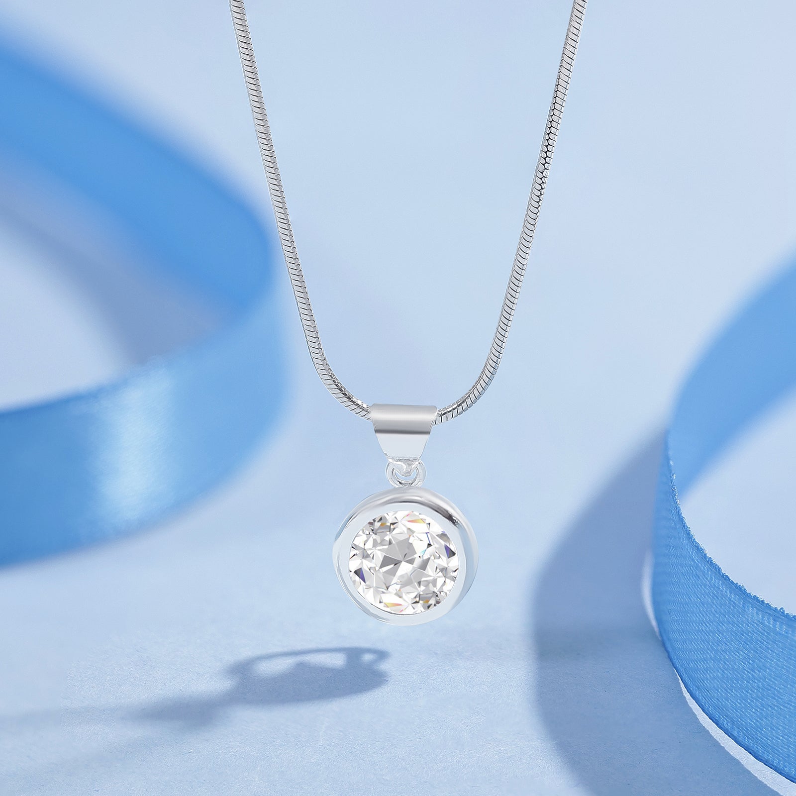 CZ Solitaire Pendant Chain For Women – 925 Sterling Silver Rhodium Plated
