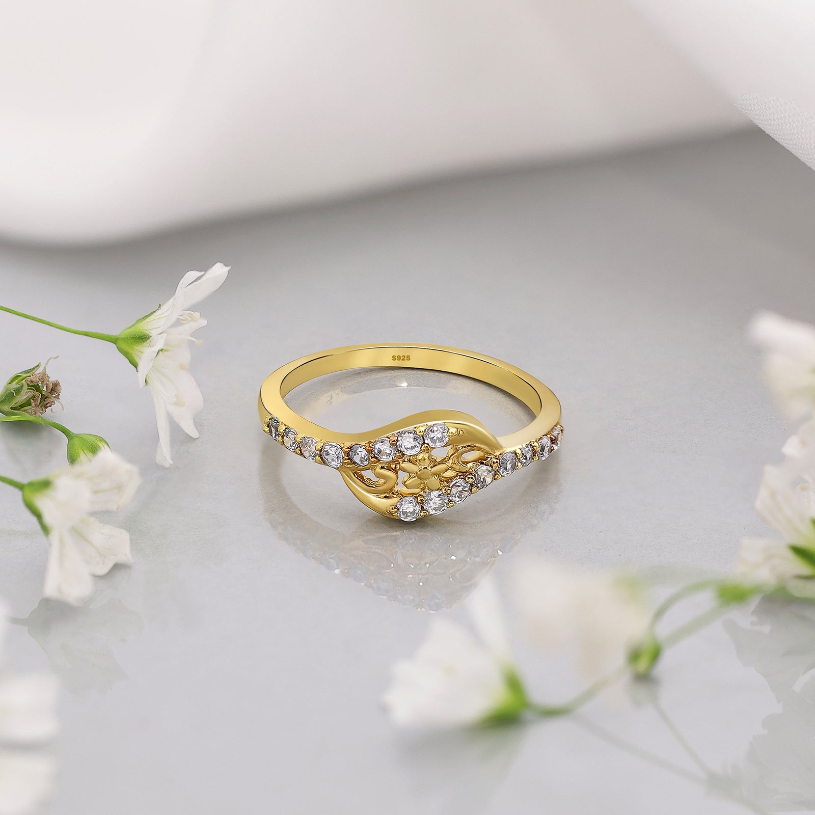 Gold Plated Designer CZ Floral Silver Finger Ring
