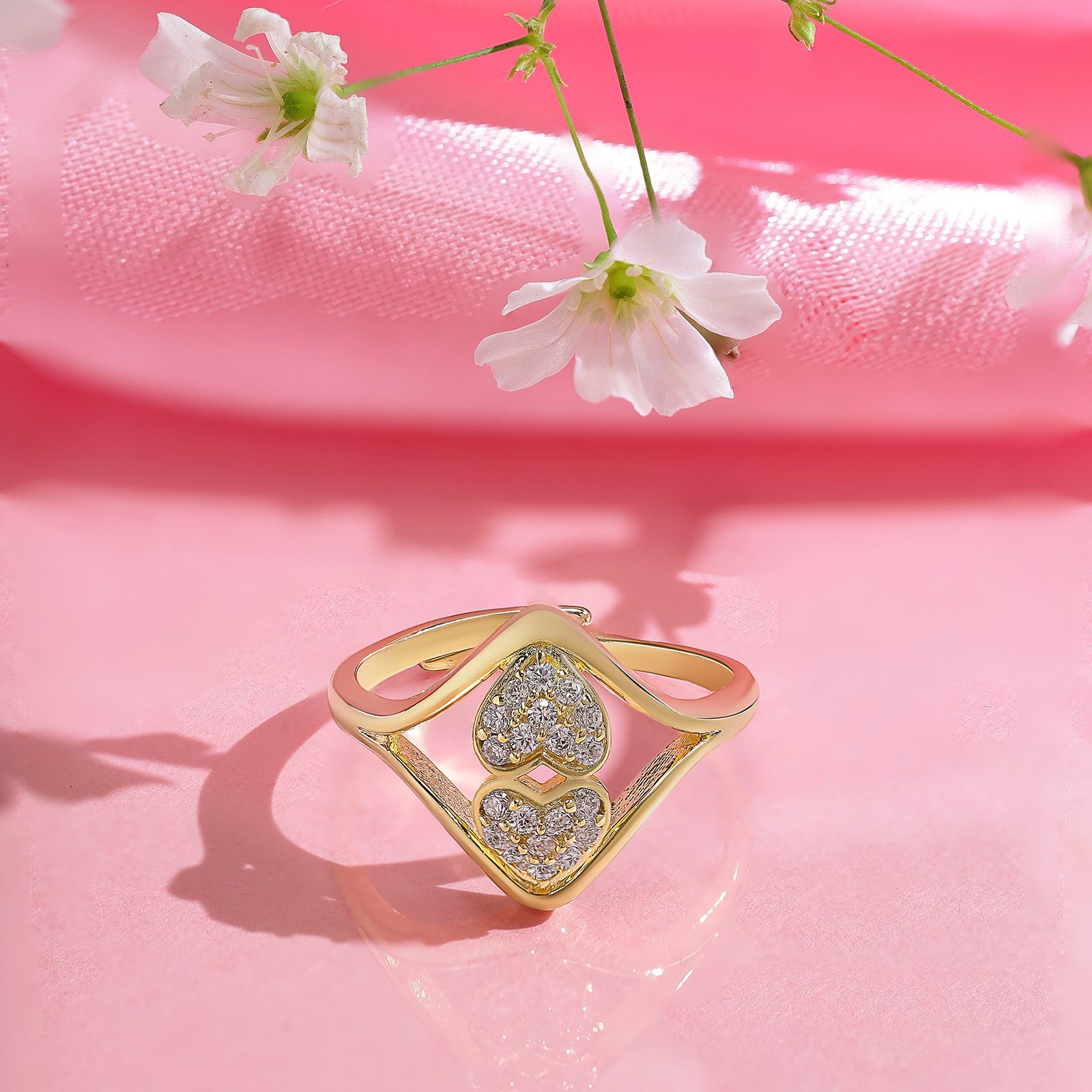 Classic Gold Plated Double Heart Silver Ring