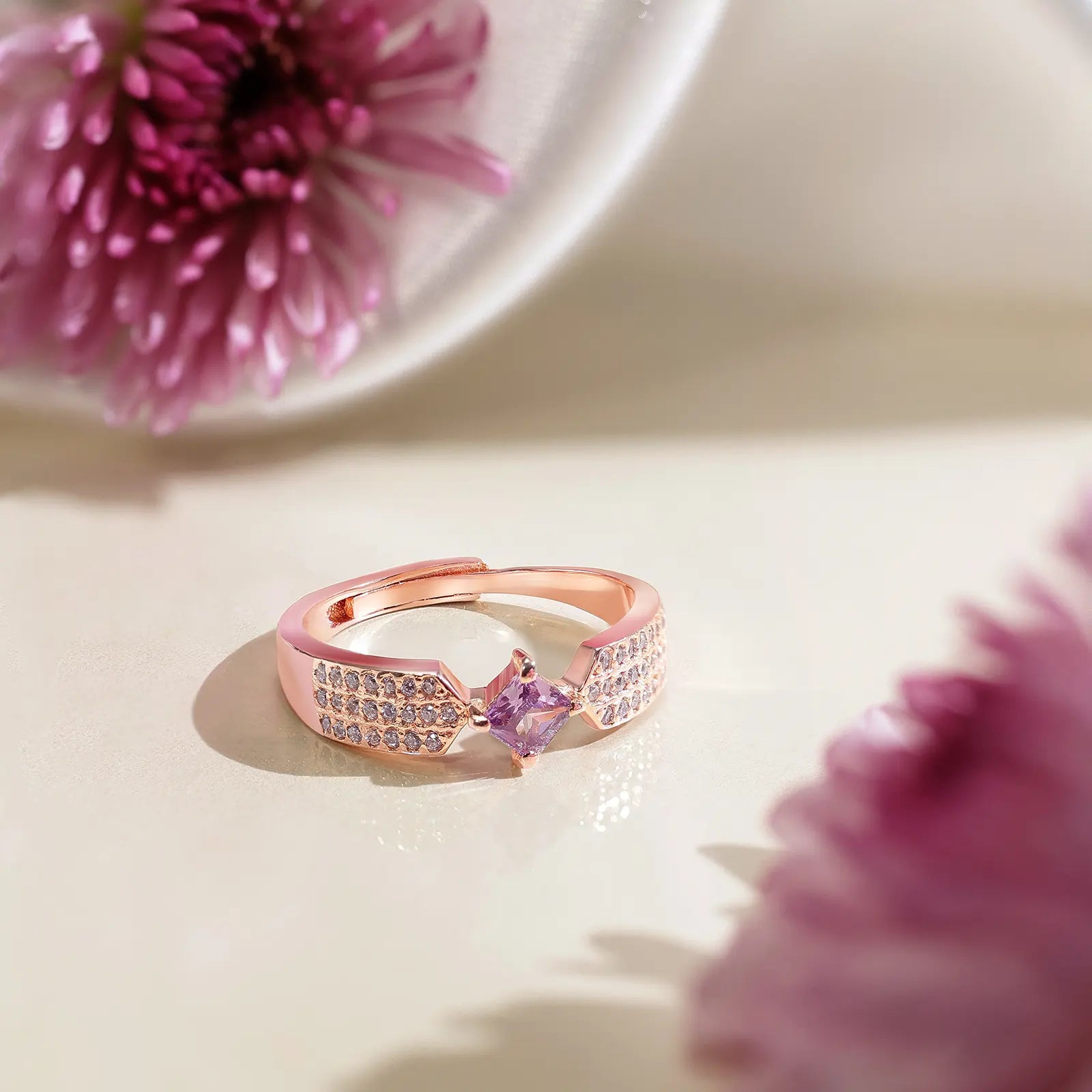 Rose Gold Plated Purple Stone Silver Ring