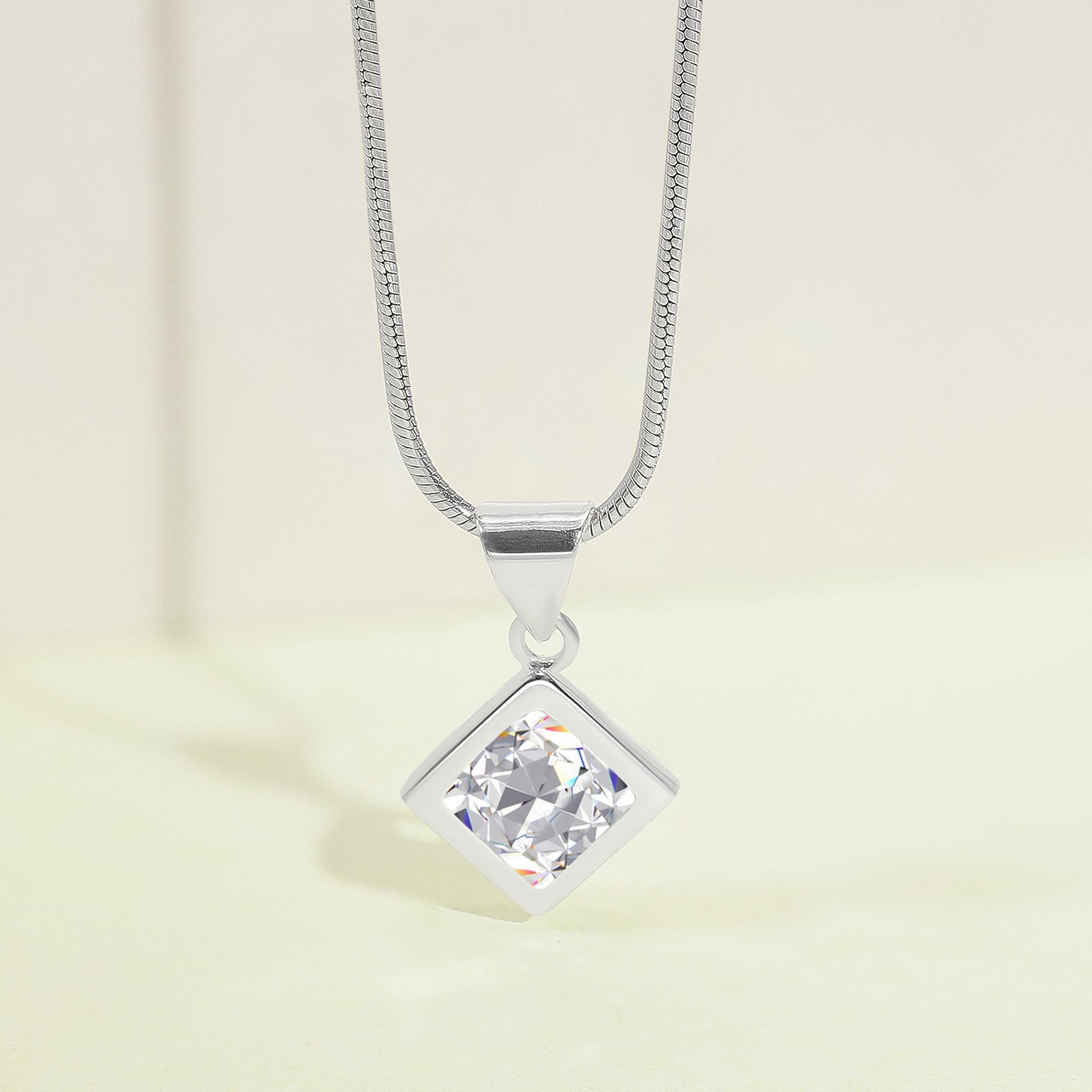 Square CZ Bezel Pendant Necklace For Women – 925 Sterling Silver Rhodium Plated