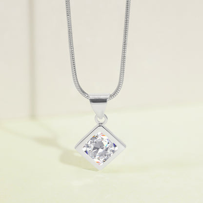 Square CZ Bezel Pendant Necklace For Women – 925 Sterling Silver Rhodium Plated