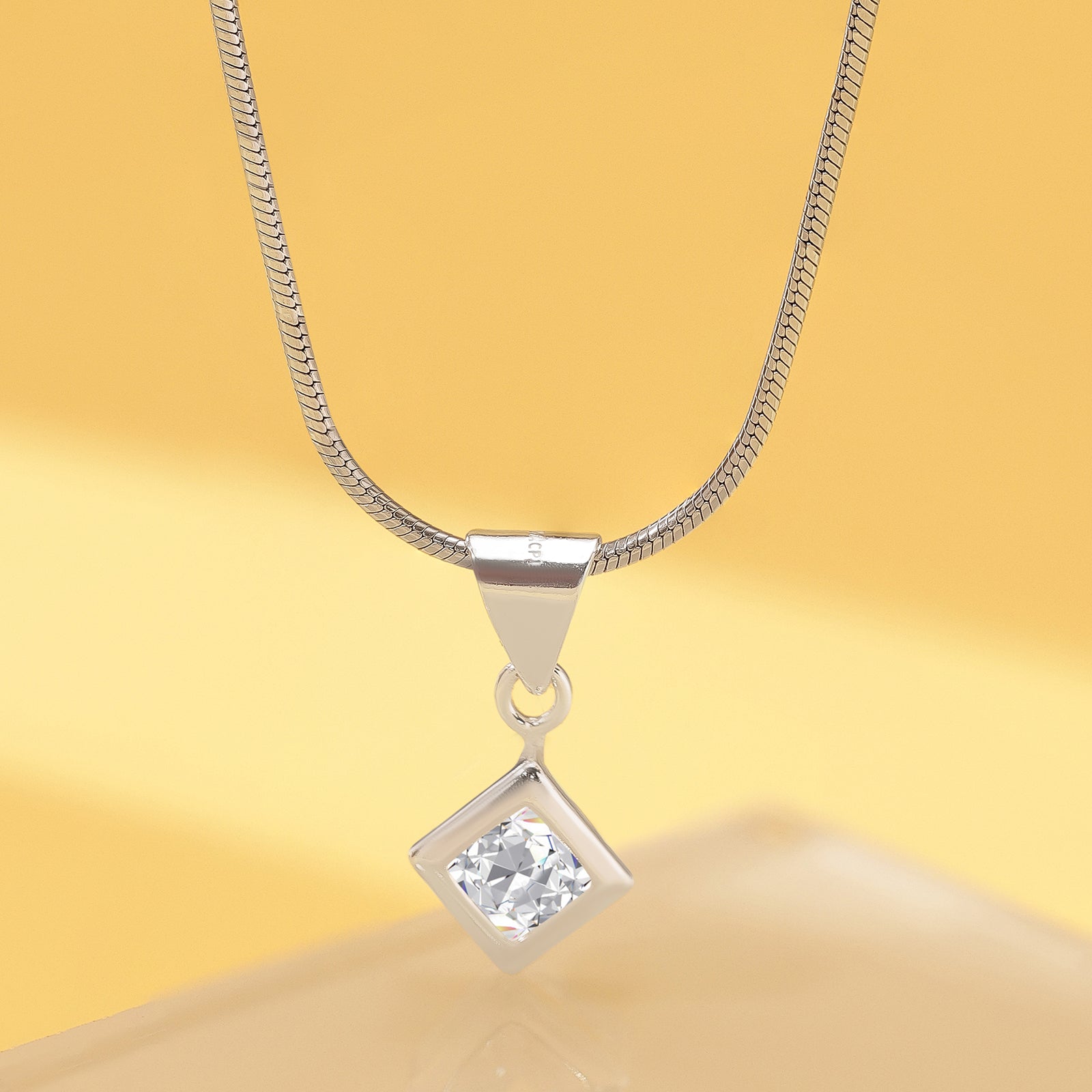 CZ Diamond Solitaire Pendant Chain For Women – 925 Sterling Silver Rhodium Plated