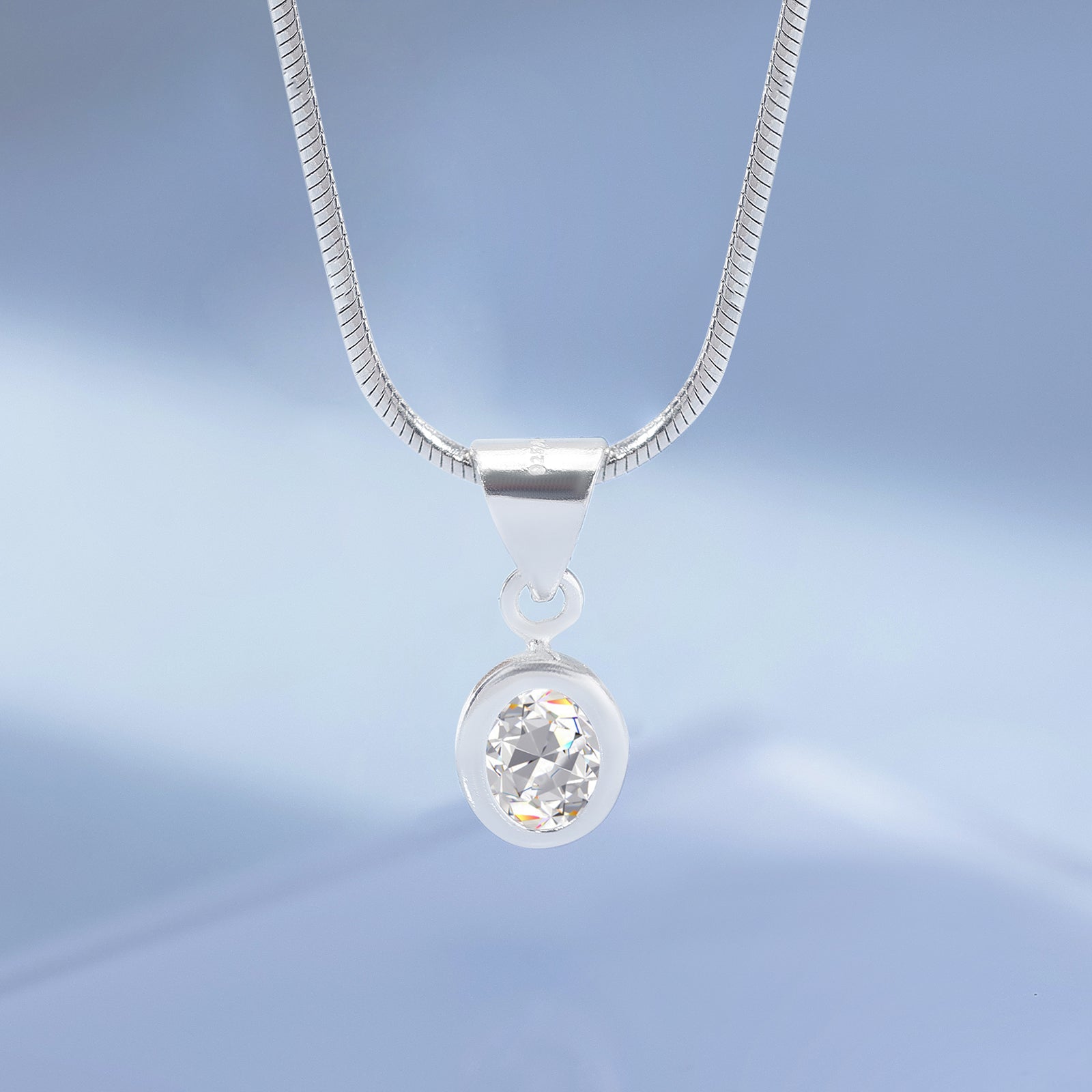 CZ Oval Solitaire Pendant Chain For Women – 925 Sterling Silver Rhodium Plated