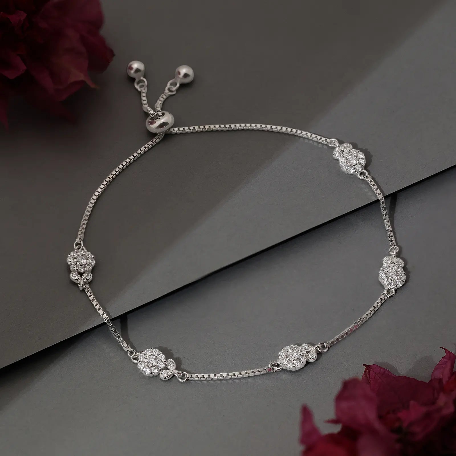 Floral Leaf Design Box Chain Silver Bracelet - Tweov Jewels
