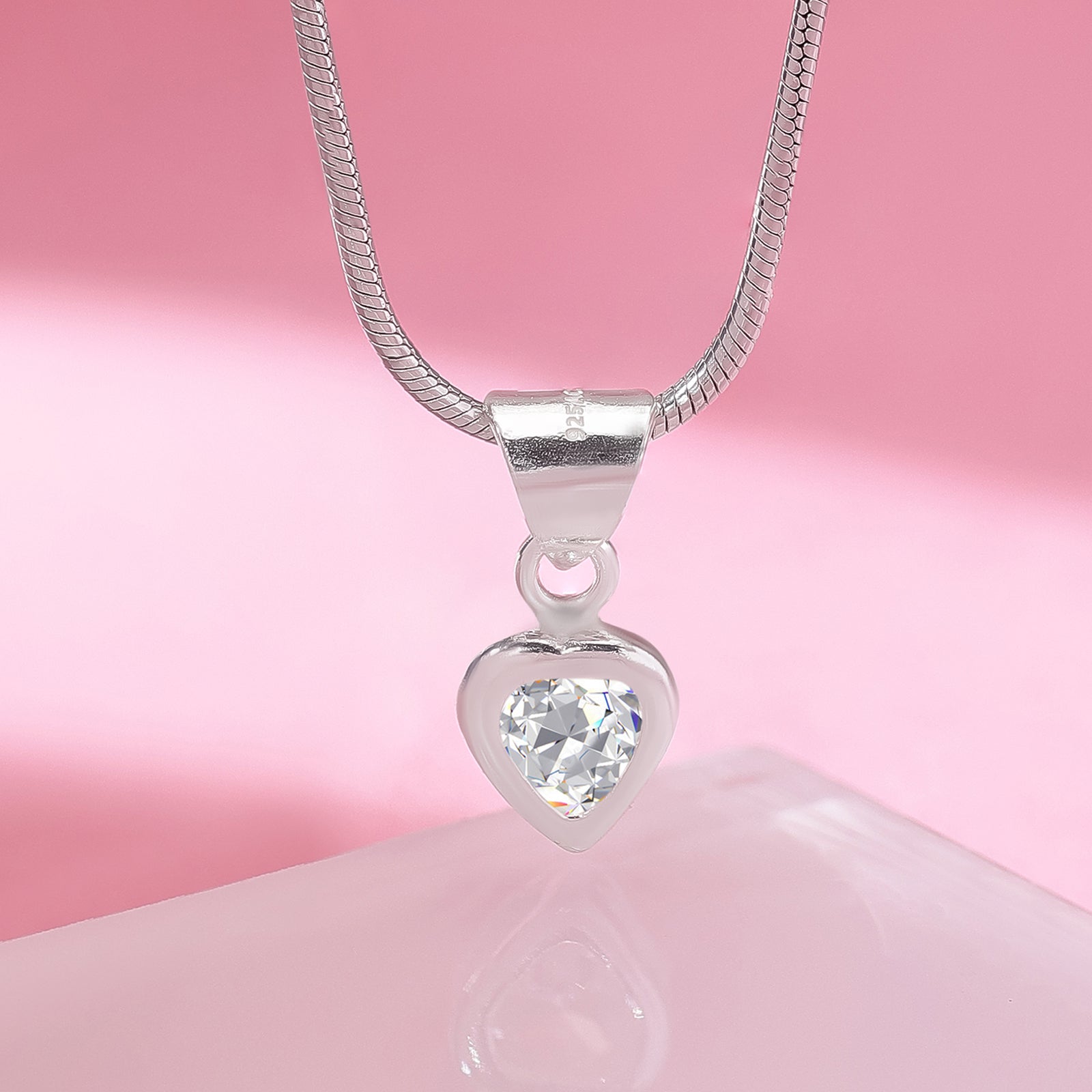 CZ Bezel Set Heart Pendant Chain For Girls – 925 Sterling Silver Rhodium Plated